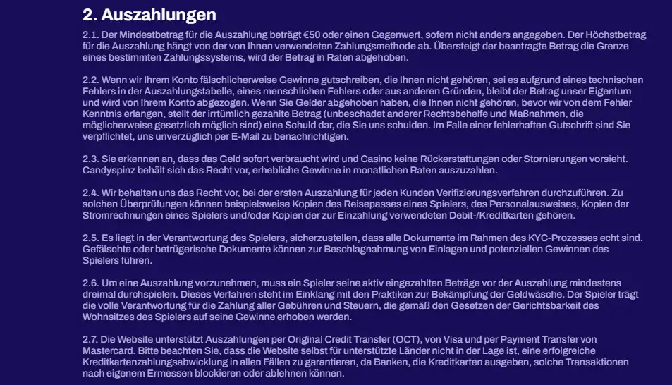 CandySpinz Bedingungen mit Angaben zu Auszahlungen und Verifizierung