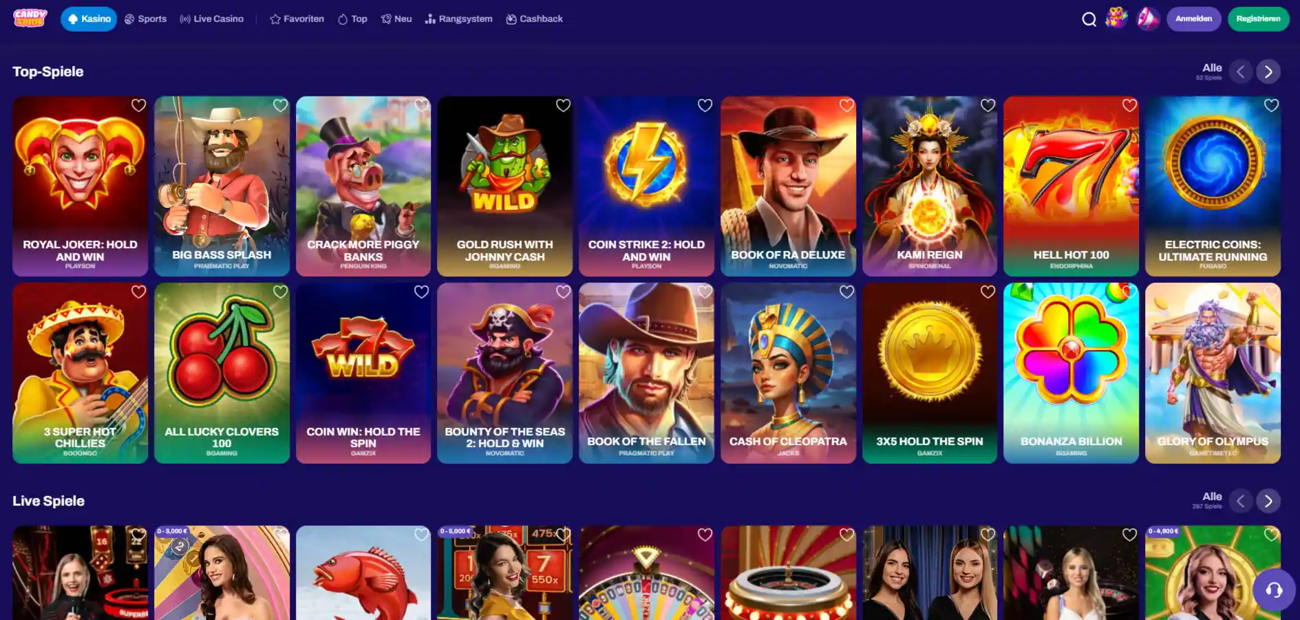 CandySpinz Casino-Lobby auf Deutsch mit sichtbaren Spielkategorien